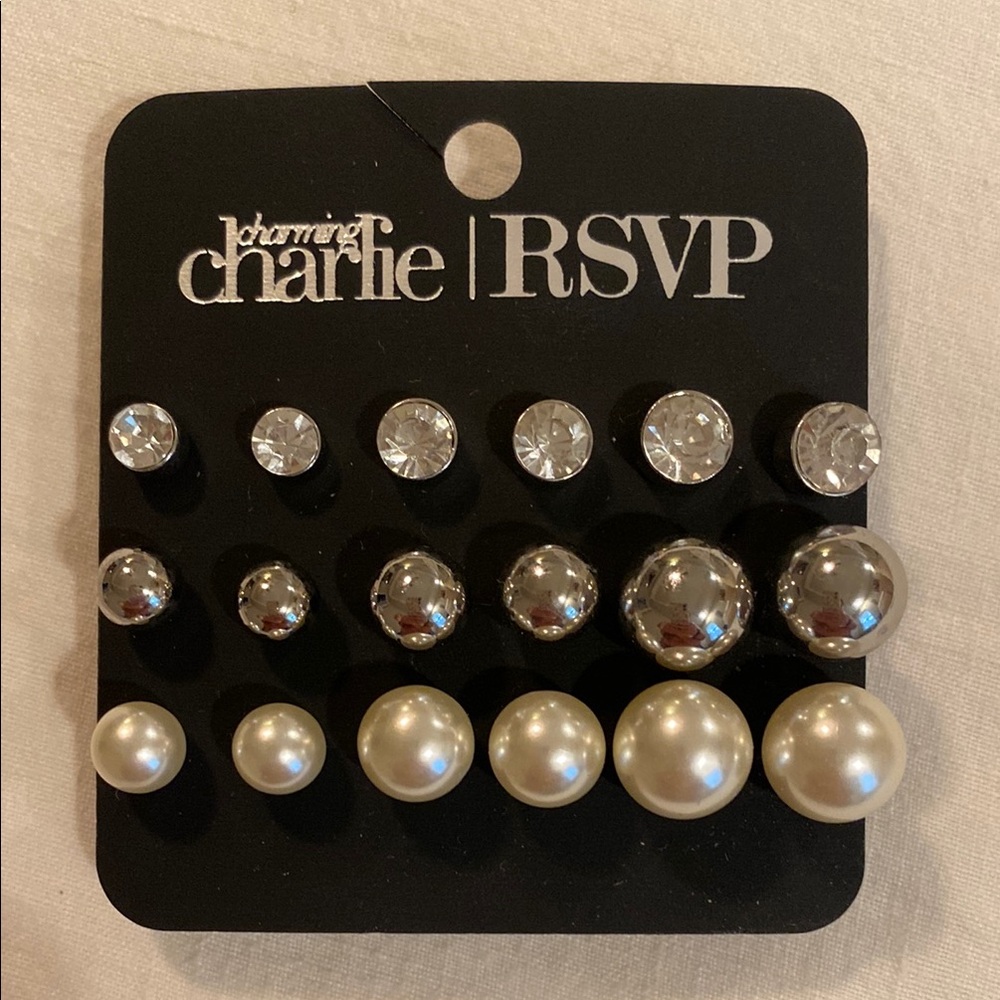 Charming Charlie Silver and Pearl Earrings Set
